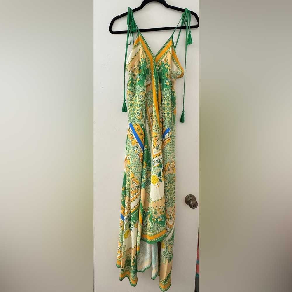 Green and Yellow Patterned High Low Dress